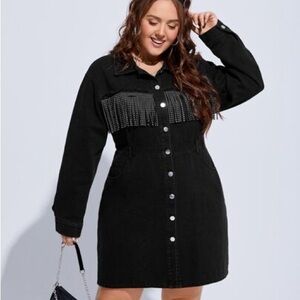 SHEIN Black Long Sleeve Denim Dress with Fringe